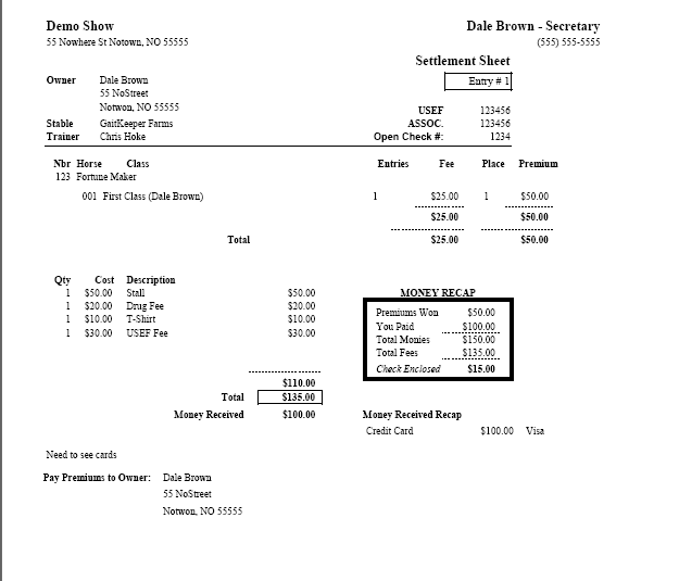 Sample Report - Settlement Sheet